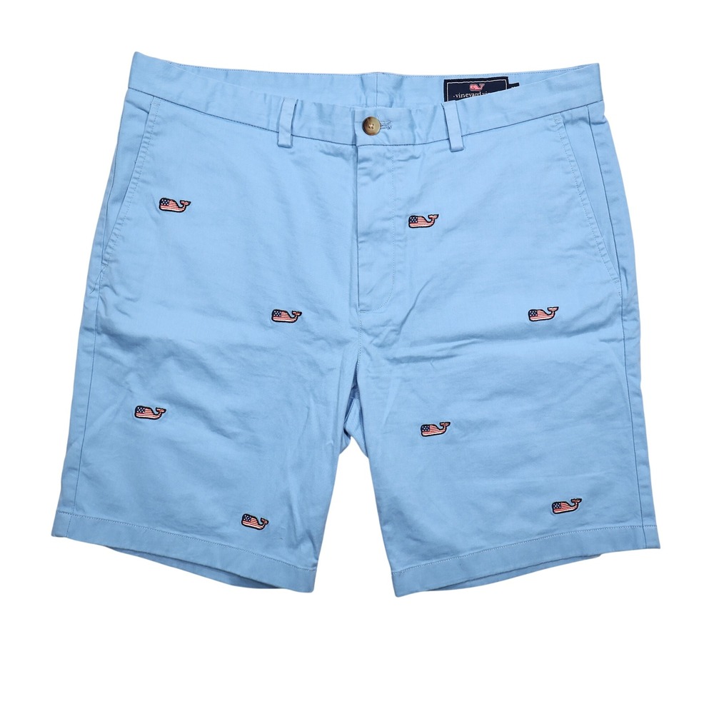 VINEYARD VINES Mens 36 Blue Embroidered American Flag Print Breaker Chino Shorts